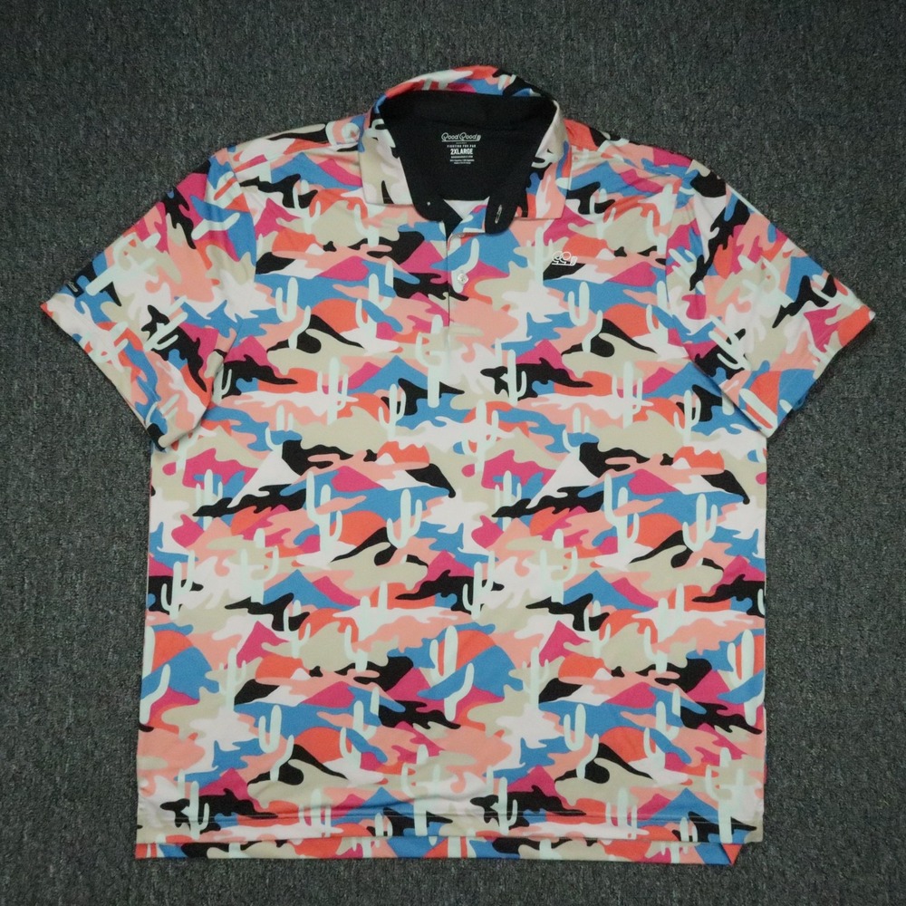 Good Good Golf Shirt Mens XXL Pink Blue Cactus Camouflage Polo Short Sleeve 2XL